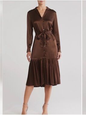 Rails Brown Satin Button-Front Midi Dress with Tie Waist